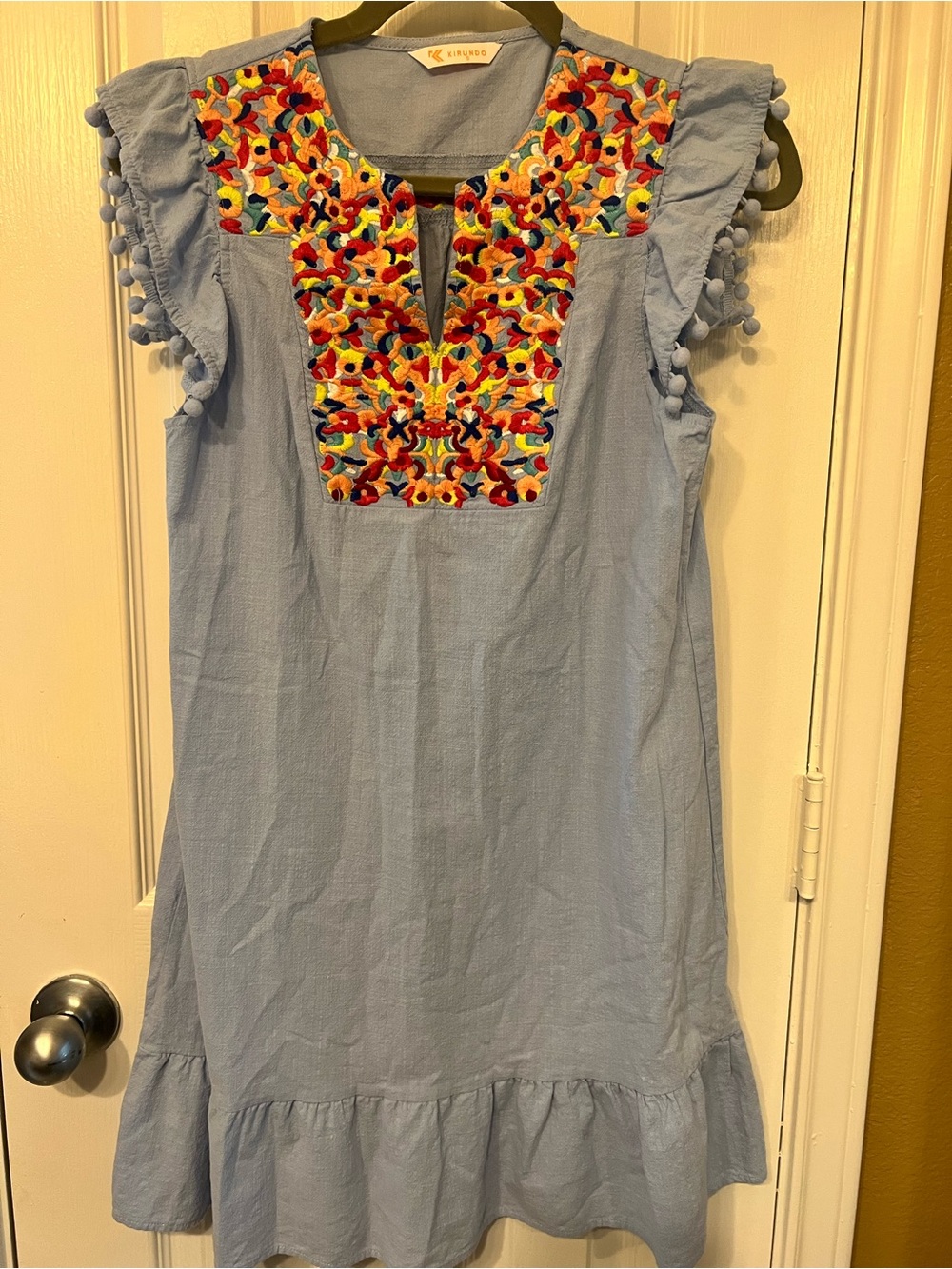 Kirundo Light Blue Embroidered Pom-Pom Women’s Dress, Size S